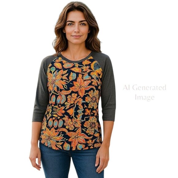 Lularoe Womens RANDY Colorful Floral Orange Blue 3/4 Gray Sleeve Top Sz XS - Picture 1 of 8